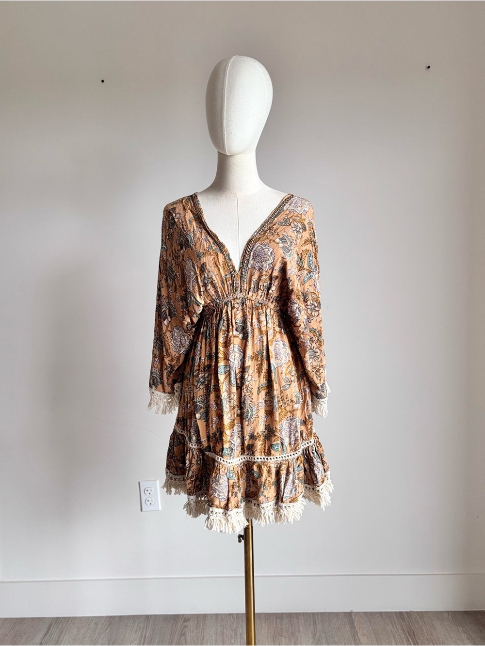 zury beige floral paisley fringe tassel mini dress os free size